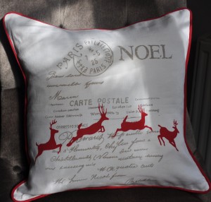 Pure linen, super comfortable cushion with leaping reindeer by Jasmine White London 