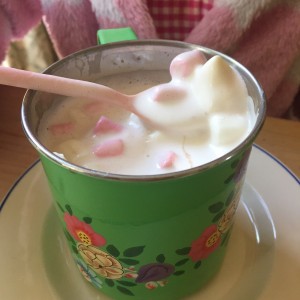 Bright green mug with hot choc and marshmallows