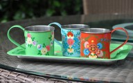 Jasmine White London hand painted enamelware mugs Lina, Aura and Maria designs on Maria tray