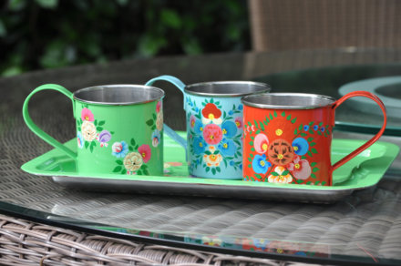 Jasmine White London hand painted enamelware mugs Lina, Aura and Maria designs on Maria tray