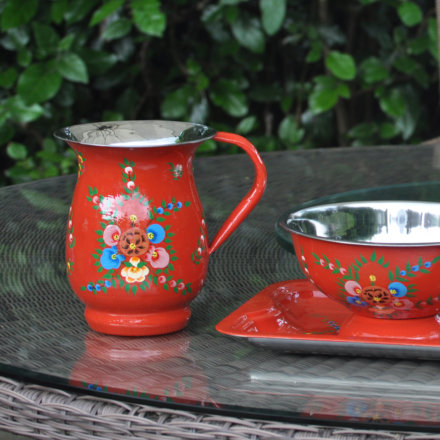Jasmine White London hand painted Leah enamelware jug, large bowl and tray
