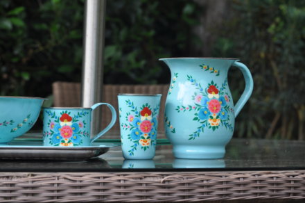 Jasmine White London hand painted Sienna enamelware jug, large bowl, tumbler, mug and tray