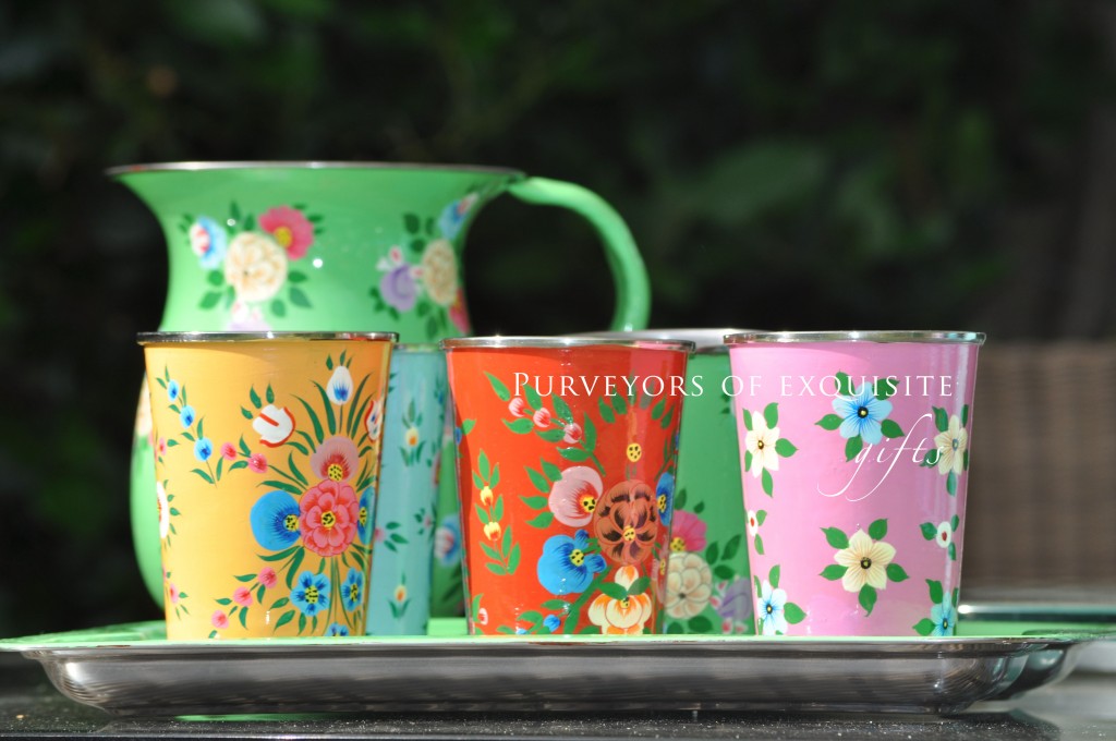 Jasmine White London Maria jug and tray with Maria, Leah, Sienna, Amber and Charlotte Handpainted enamelware tumbler