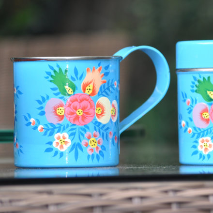 Jasmine White London hand painted Aria enamelware mug and tea caddy