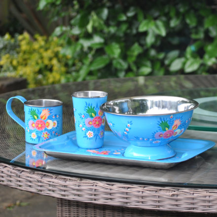 Jasmine White London Aria Handpainted enamelware tray, Large Bowl, tumbler and mug