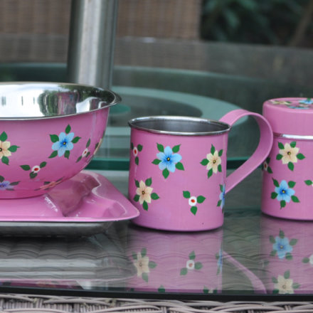 Jasmine White London hand painted Charlotte enamelware tray, large bowl, mug and tea caddy