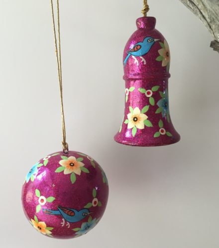 Jasmine White London hand painted Charlotte glitter bauble and bell