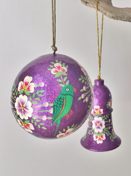 Jasmine White London hand painted Gaia glitter bauble and bell
