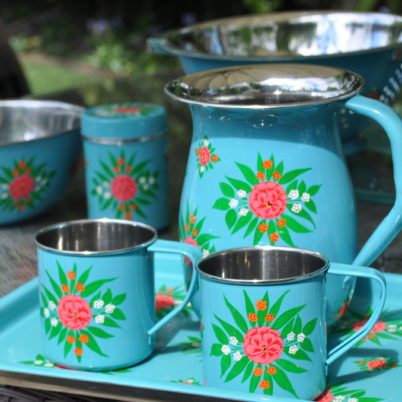 Jasmine White London hand painted Alice enamelware jug, mugs, tea caddy, large bowl, colander and trays