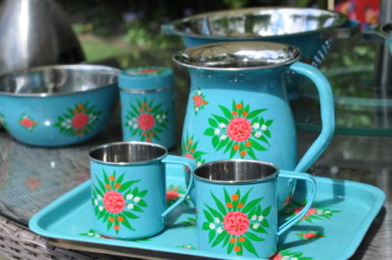 Jasmine White London hand painted Alice enamelware jug, mugs, tea caddy, large bowl, colander and trays