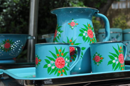 Jasmine White London hand painted Alice enamelware jug, mugs, colander and tray