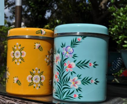 Jasmine White London hand painted Tara and Diana enamelware Storage Jars