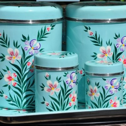 Jasmine White London hand painted Diana enamelware Storage Jars and tea caddies