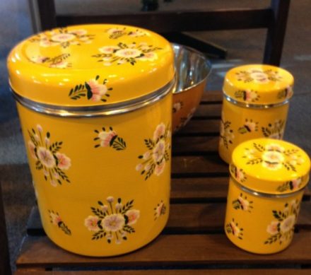 Jasmine White London hand painted Tara enamelware Storage Jar and tea caddies