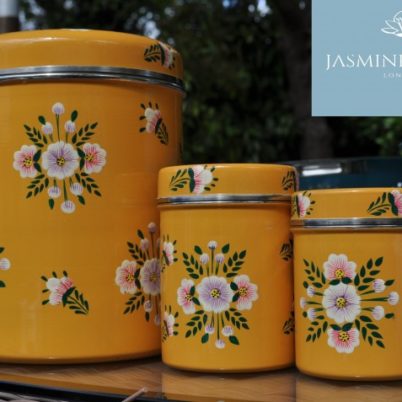 Jasmine White London hand painted Tara enamelware Storage Jar and tea caddies