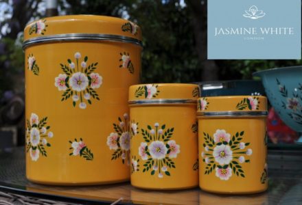 Jasmine White London hand painted Tara enamelware Storage Jar and tea caddies