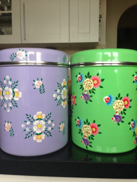 Jasmine White London hand painted Maria and Gaia enamelware storage jars