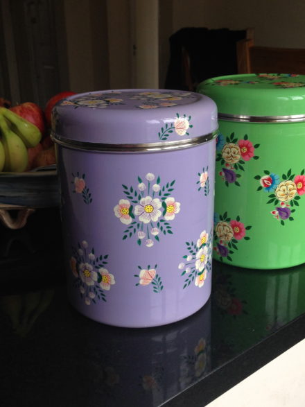 Jasmine White London hand painted Maria and Gaia enamelware storage jars