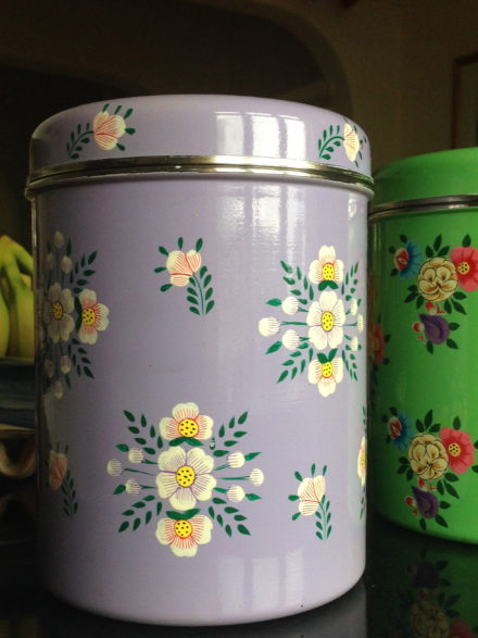 Jasmine White London hand painted Maria and Gaia enamelware storage jars