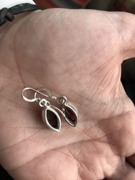 Jasmine White London Garnet oval shaped drop earrings in silver back view